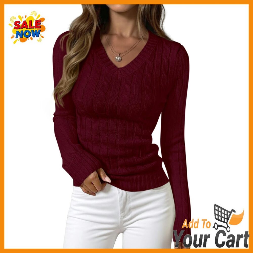 V-Neck Cable Knit Pullover Sweater - Fitted Ribbe… - image 1